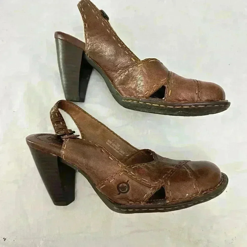 Born Brown Leather Closed Toe Slingback Heels Pumps Shoes Womens Sz 7 - Picture 7 of 7